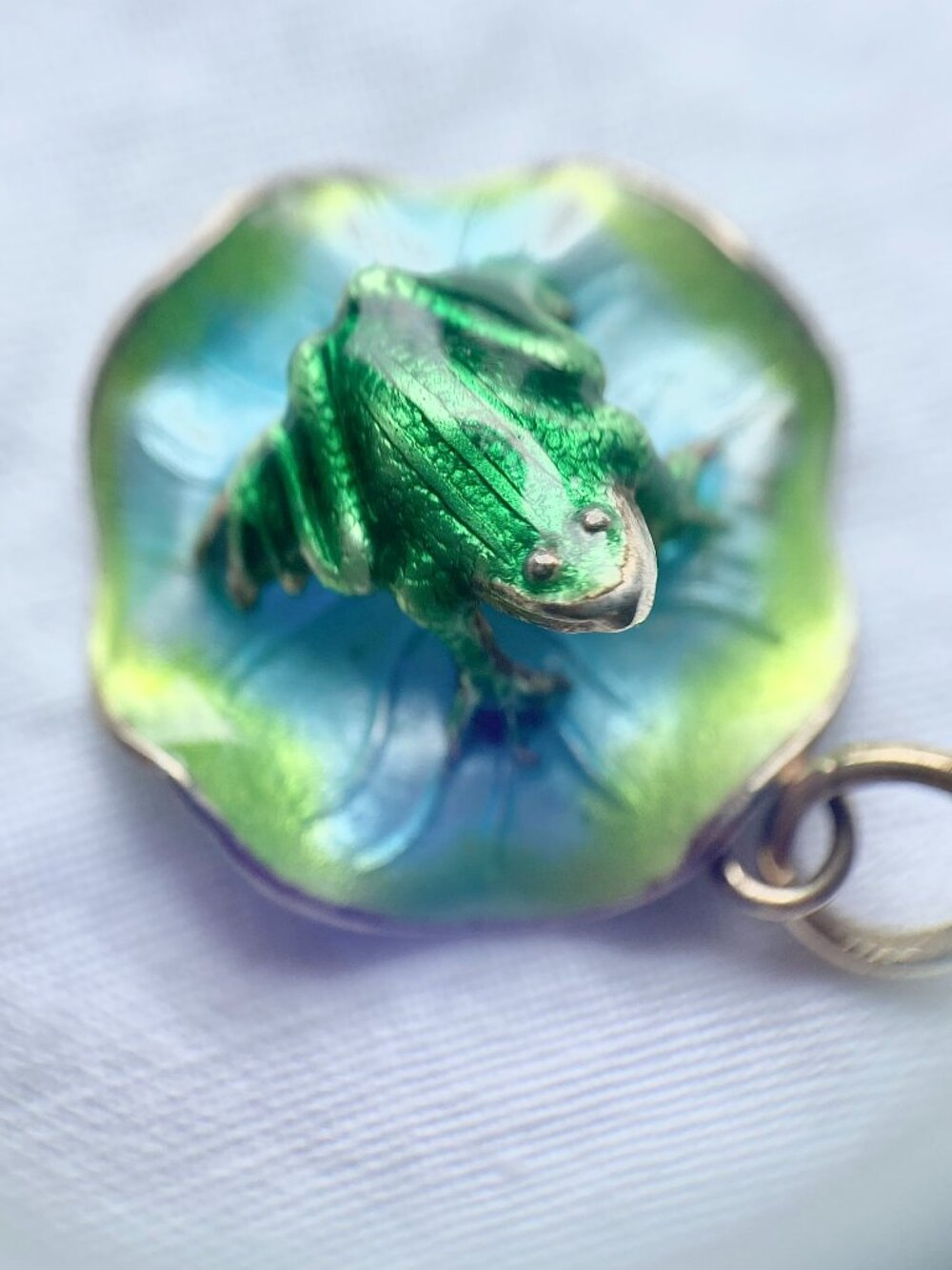 Adorable Green Blue Enamel Frog Lily Pad Charm Pendant - Tiny!